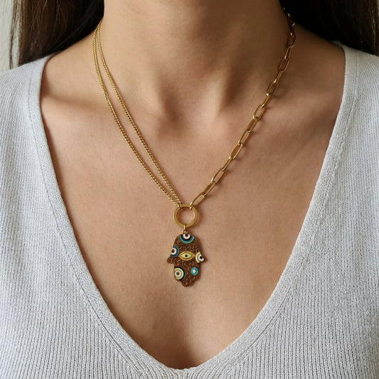 Gold Khamsa Hand Evil Eye Pendant
