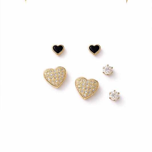 Gold Heart Stud Earrings Set